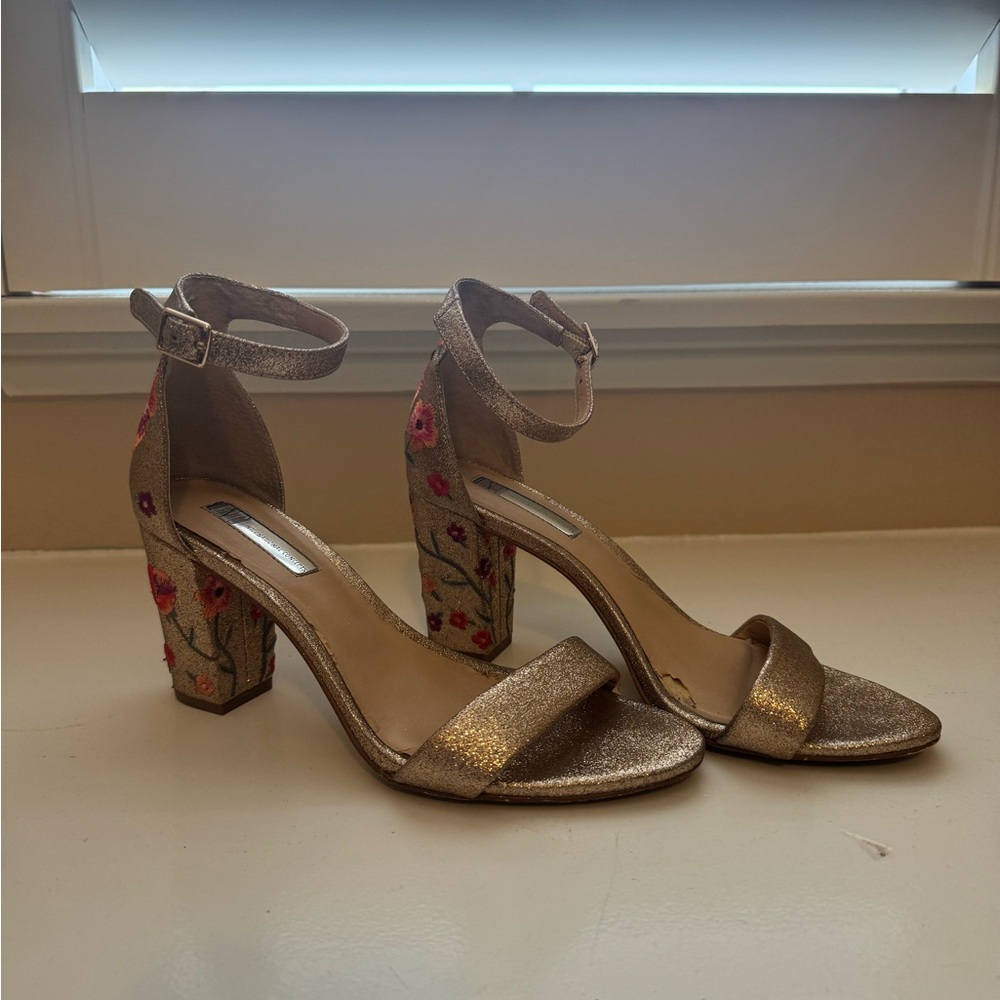 Gold and Pink Block Heel Ankle-Strap Sandals